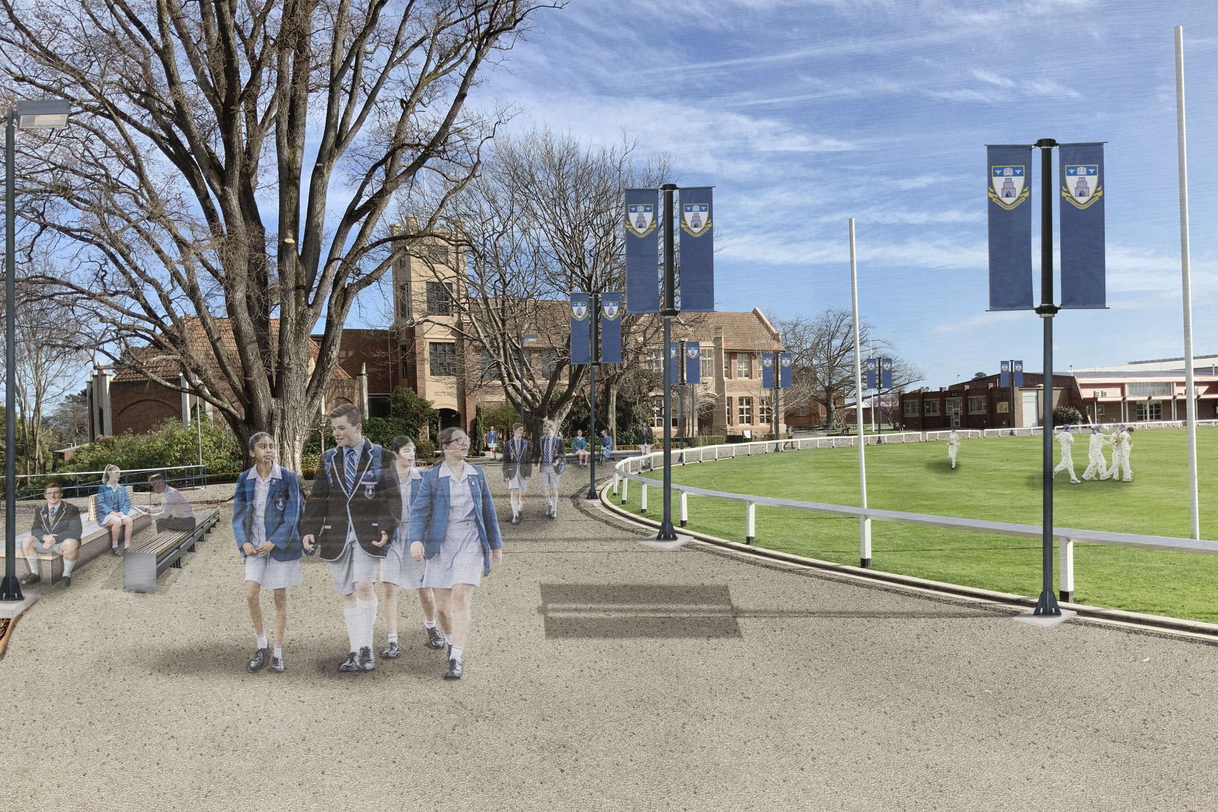 Launceston Church Grammar School Senior Campus Master Plan: The memorable arrival sequence emphasizes heritage features and the oval, improves pedestrian safety and reduces vehicular dominance and traffic congestion. Render by Morrison & Breytenbach Architects. Photo by Morrison & Breytenbach Architects.