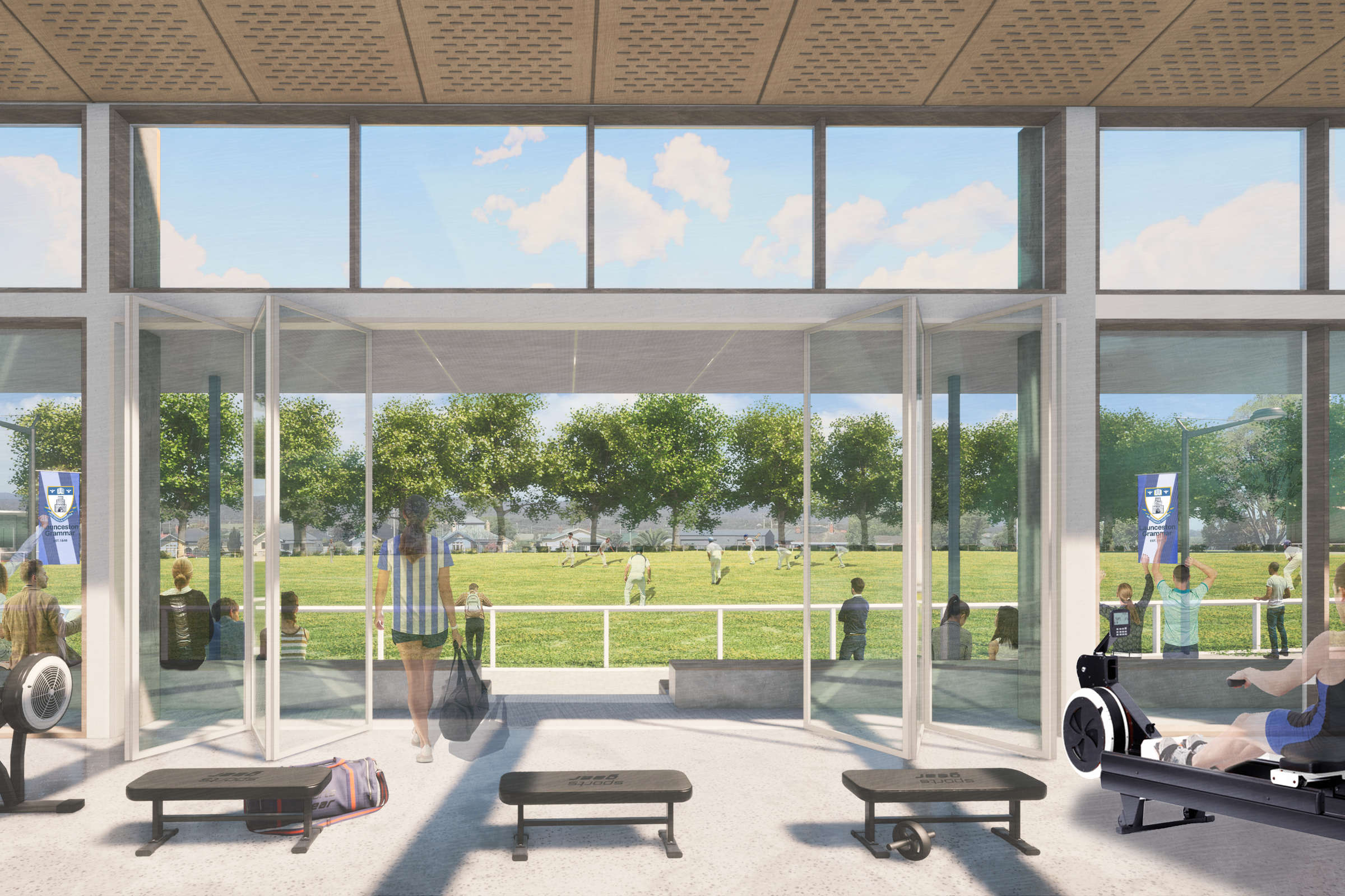 Launceston Church Grammar School Senior Campus Master Plan: Upgraded sports, health and other experiential learning facilities link to the magnificent School oval. Render by Morrison & Breytenbach Architects. Photo by Morrison & Breytenbach Architects.