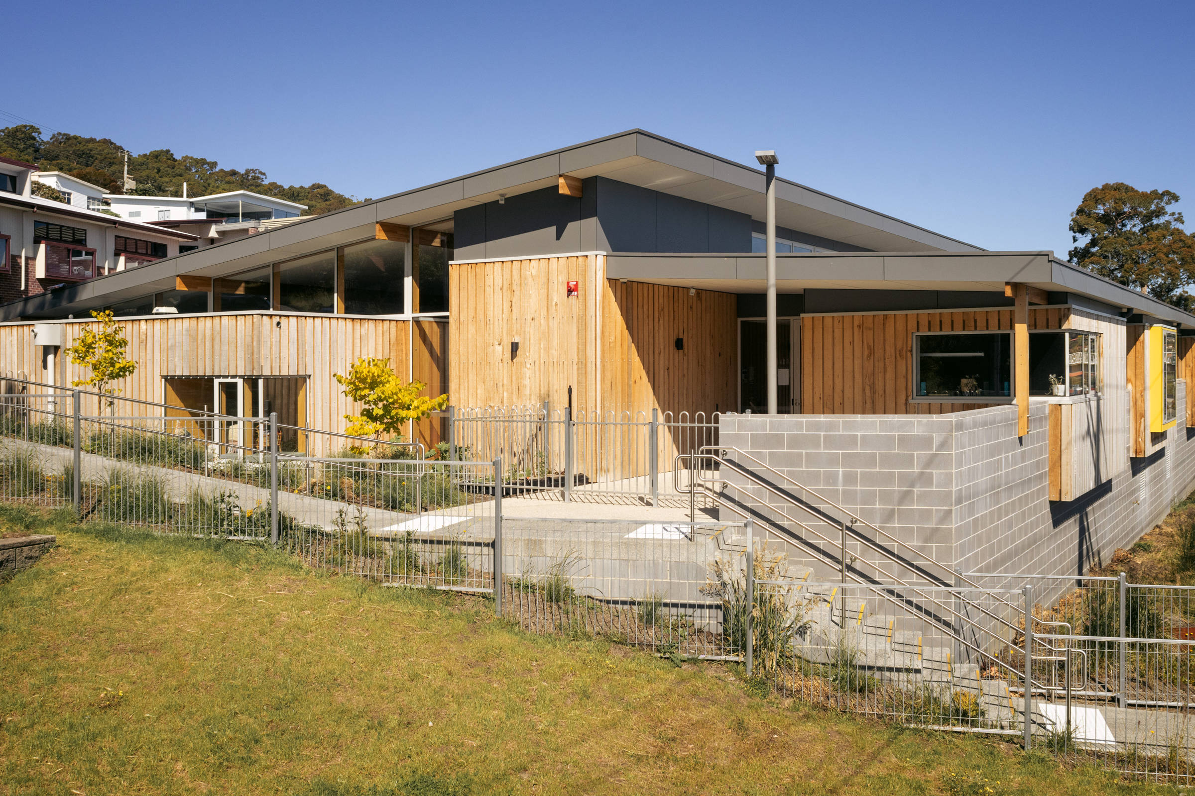 St Cuthbert’s Early Years – Catholic Education Tasmania: The energy efficient building form and low maintenance exterior timber cladding are economically and environmentally sustainable. Photo by Gabriel Morrison. Photo by Gabriel Morrison.