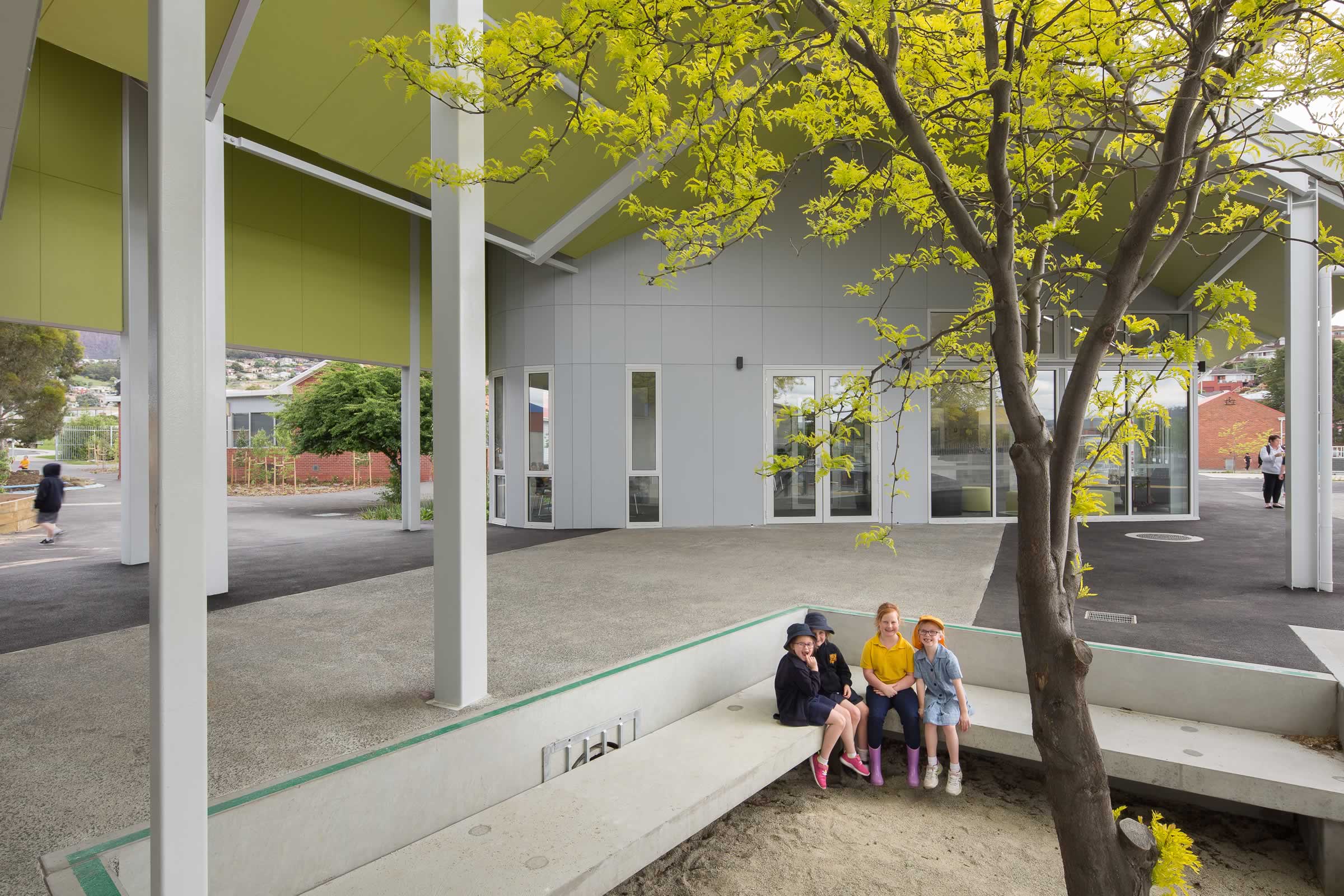 Glenorchy Primary School children, staff and parents benefit from safe environments with easy passive surveillance of play and meeting areas. Photo by Thomas Ryan.