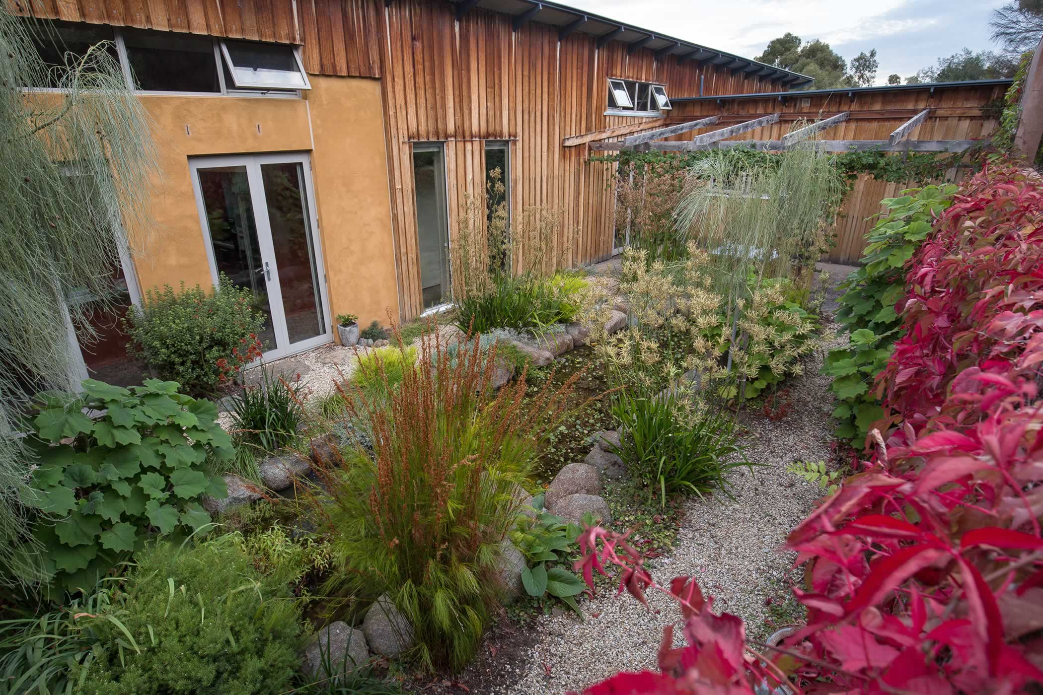 Manuka Road Courtyard Garden, Kettering, Tasmania: A lushly planted sunken garden resolves arrival and passive solar gain into the residence from the north on a site that slopes towards spectacular views to the south. Photo by Thomas Ryan.