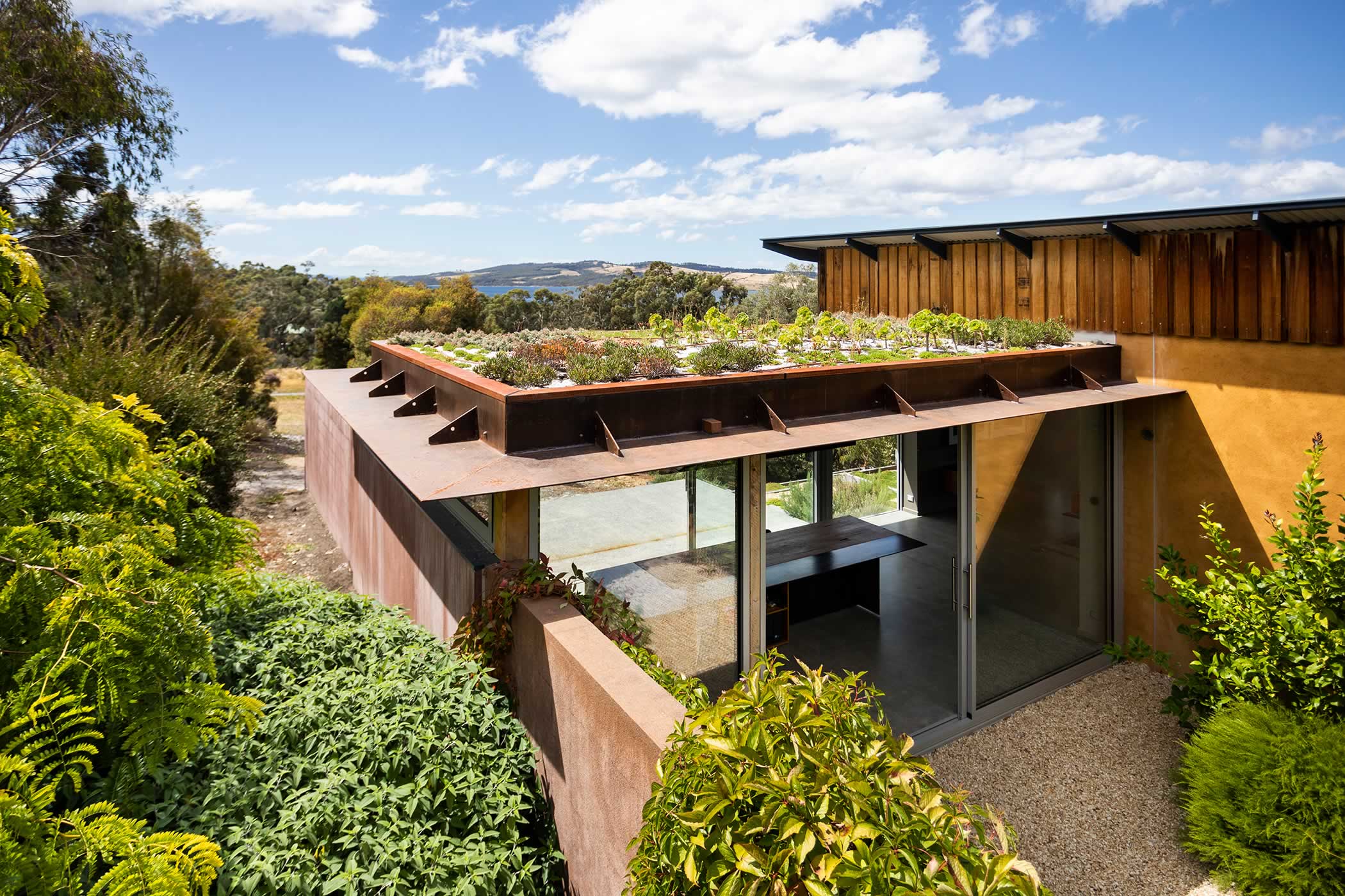 Residential extension, Kettering, Tasmania: A garden roof of succulents accentuates the hidden courtyard quality. Orientated to capture northern warmth and light, steel eaves provide passive sun-control at critical times of year. Photo by Adam Gibson.
