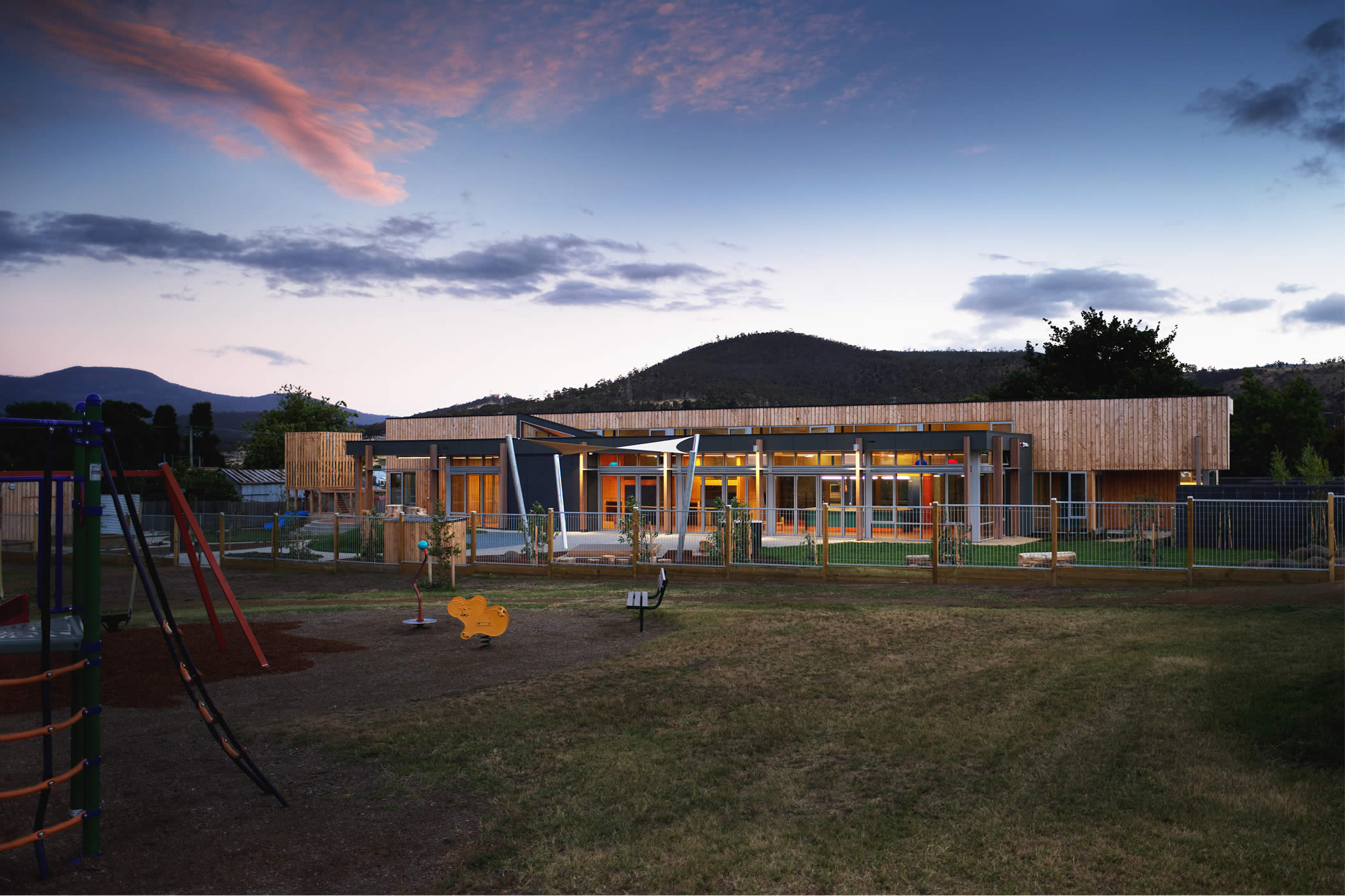 Ptunarra Child and Family Centre, New Norfolk, Tasmania: Passive solar design opens to and brings warm northern light in with passive surveillance, improved safety and use of the adjacent park forging social renewal in the area. Photo by Ray Joyce.