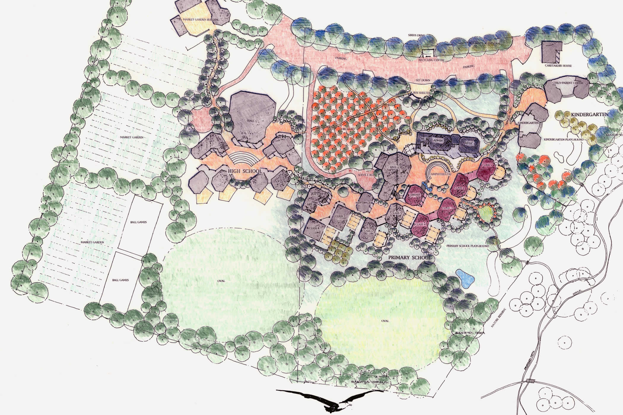 Tarremah Steiner School, Huntingfield, Tasmania master plan: Phased growth included an Early Childhood Centre, Primary, Middle and High School learning areas, a library, music room and multi-purpose Hall, and year 10 art and science learning areas.