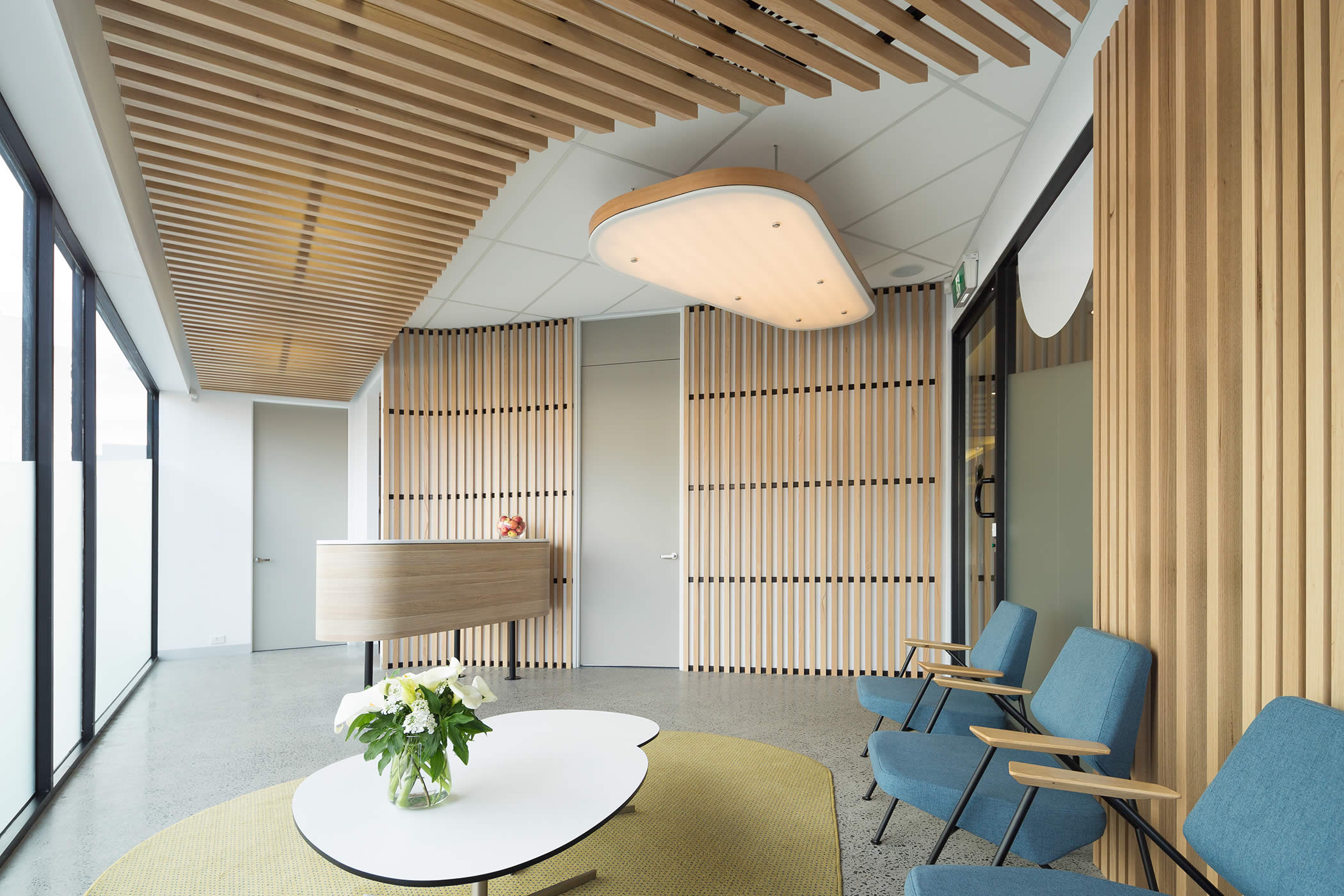 The Dental Pod interior fit-out, Hobart, Tasmania: Ample daylight, natural timber, and a bespoke reception desk and light fitting offset by lively colour, create a high quality, welcoming, fresh and healthy atmosphere. Photo by Thomas Ryan.