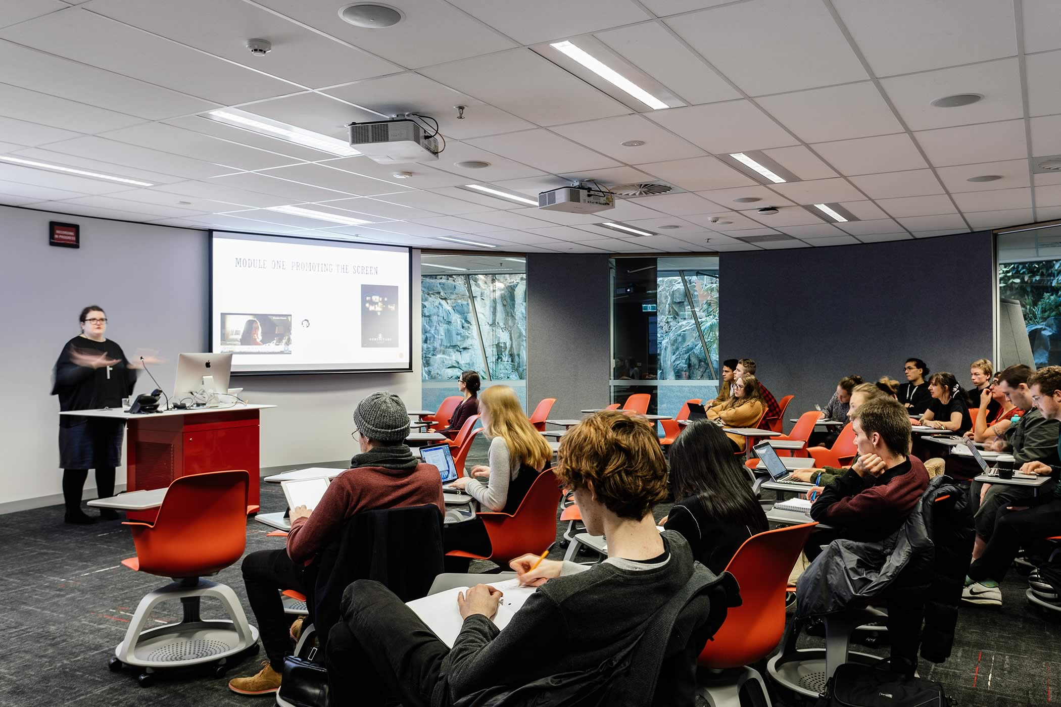 The Media School – University of Tasmania: Elliptical learning spaces support 21st century pedagogy with easily re-configured loose furniture layouts to suit small group collaborative work or a traditional lecture format. Photo by Adam Gibson.