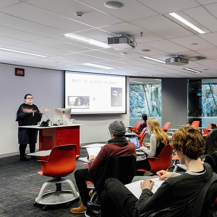 The Media School – University of Tasmania: Elliptical learning spaces support 21st century pedagogy with easily re-configured loose furniture layouts to suit small group collaborative work or a traditional lecture format.